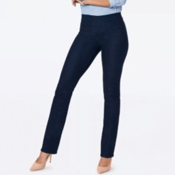 NYDJ Marilyn Straight Leg Pull-on Stretchy Jeans Dark Blue Wash Denim Size 8 NWT - Picture 1 of 12